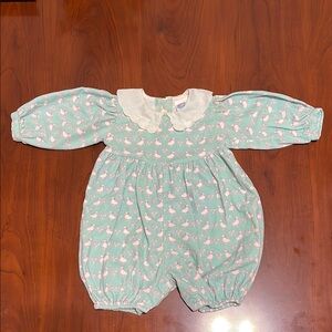 OshKosh B'gosh Vintage Teal Bubble Romper with Pink and White Geese 12M